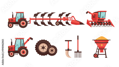 Modern agricultural machinery set: tractor, harvester, and farming tools in flat design