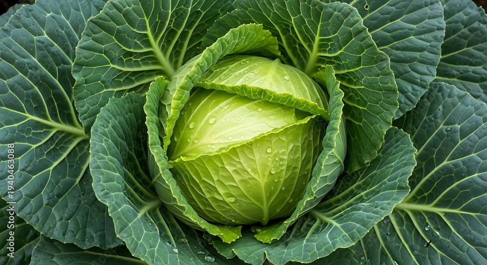 Fototapeta premium Fresh green cabbage with water droplets in a garden close-up view.