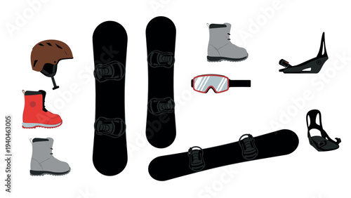 Colorful snowboarding gear set with equipment for winter sports enthusiasts
