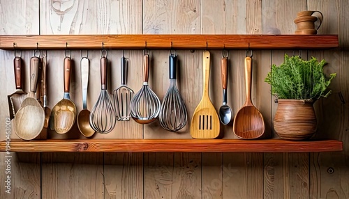 Wooden kitchen shelf display with hanging utensils and plant