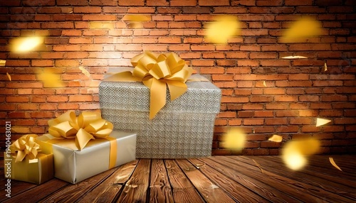 Wrapped gifts with ribbons sit on a wooden surface against a brick wall, with confetti