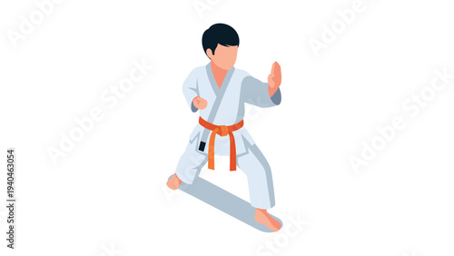 Isometric martial arts pose with orange belt in karate gi