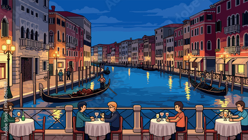 Romantic evening canal dining with stunning gondola view in pixel art