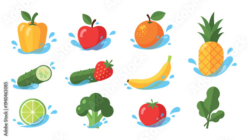 Colorful flat food design with fruits and vegetables in splash effects