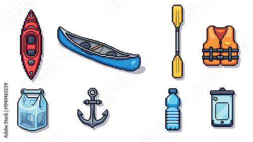 Pixel art outdoor adventure: kayaking and canoeing essentials in pixel style