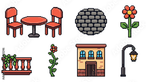 Retro style pixel art objects: furniture, architecture, and nature elements