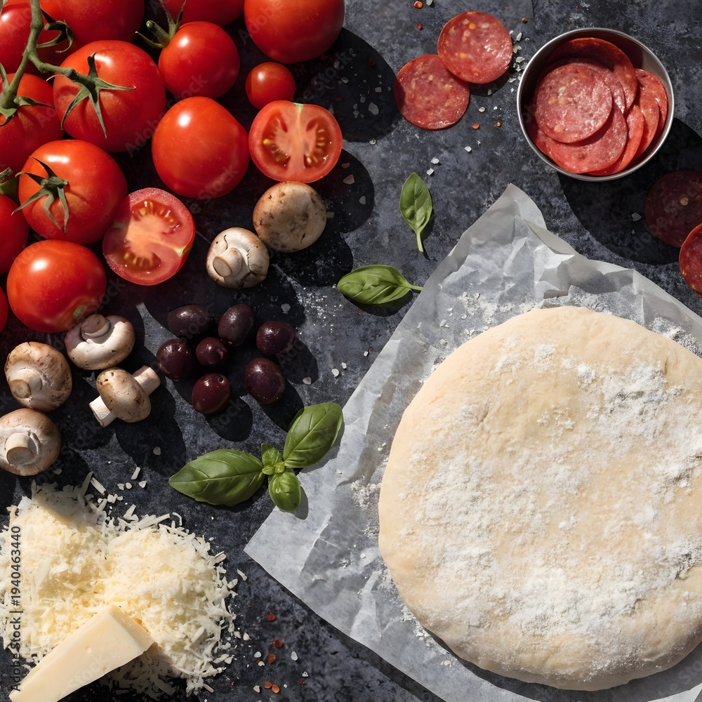 Fototapeta premium Flat Lay of Fresh Pizza Ingredients on Kitchen Table with Vegetables and Dough