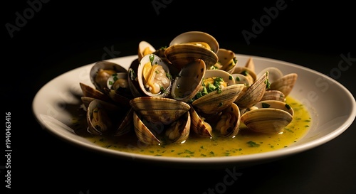 Cooked clams in a white bowl with yellow sauce