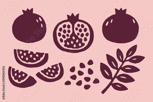 Pomegranate fruit set minimal silhouette vector illustration