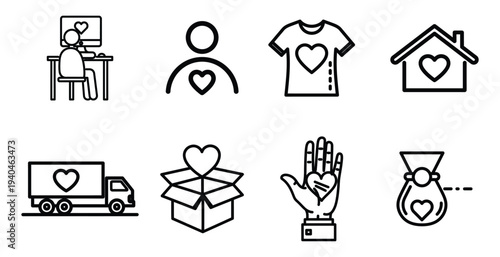 Heartfelt icons representing love care and charity in various aspects of life