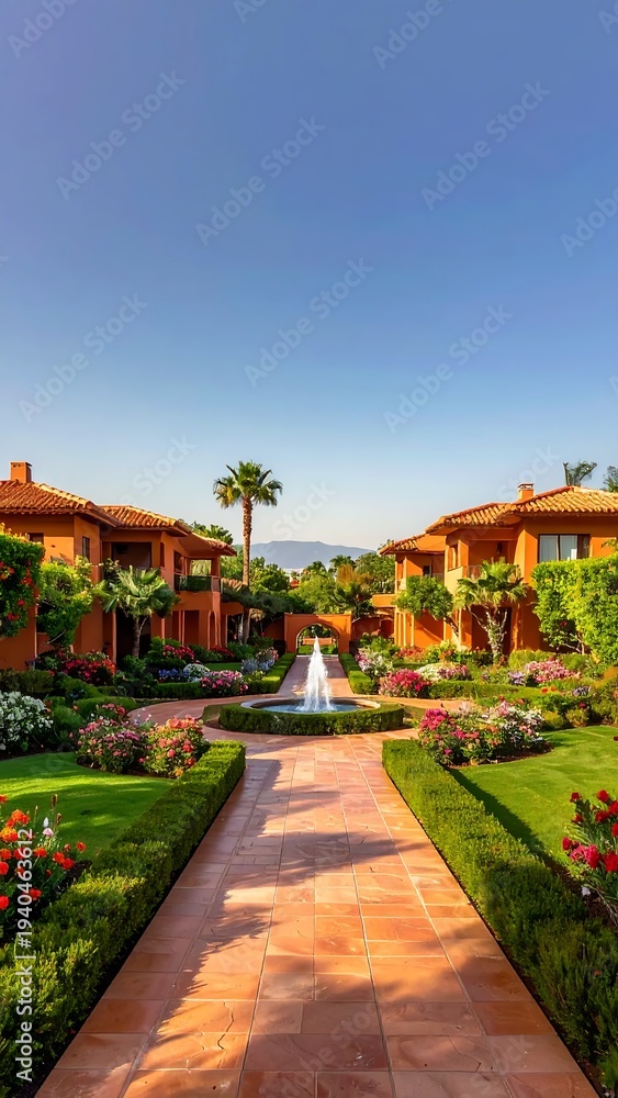 Obraz premium Picturesque Pathway Through a Luxurious Resort with Fountain and Lush Gardens.