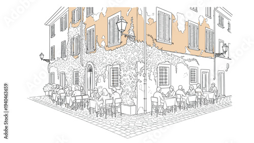 Charming outdoor cafe corner with vintage architecture in linear style