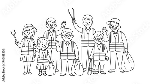 Community cleanup: diverse group in safety vests collecting litter in line art style