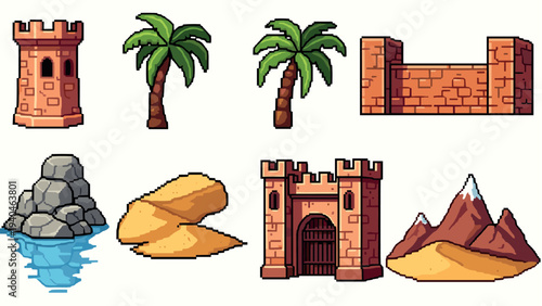 Pixel art desert adventure: castles, mountains, and palms in retro game style