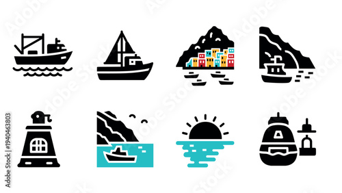 Coastal icons: nautical silhouettes and colorful coastal scenery