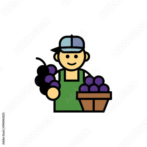 Cartoon grape harvester holding basket in vineyard illustration