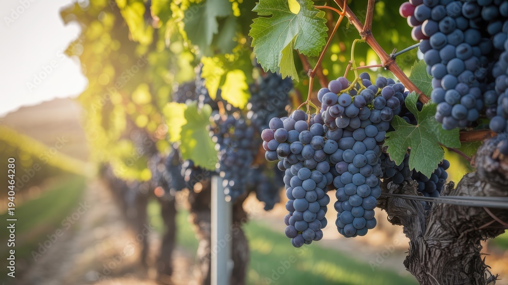 Fototapeta premium Lush purple grapes hanging from vine in vineyard at sunset with green leaves