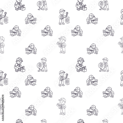 seamless repeat of boys in mechanic uniforms holding wrenches gears and toolboxes in a fun sketch arrangement