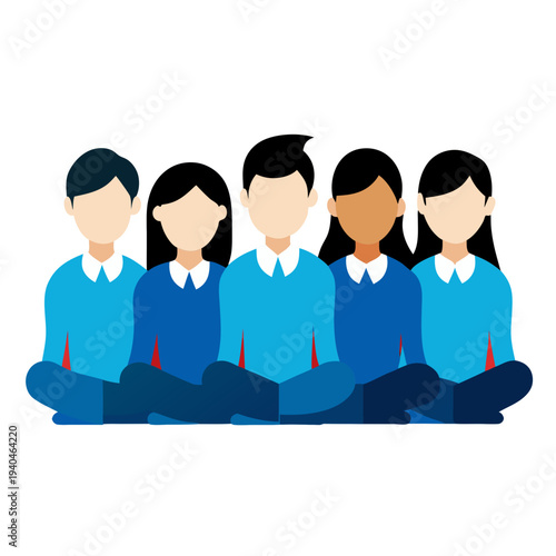 Diverse students teamwork sitting blue uniform collaboration success