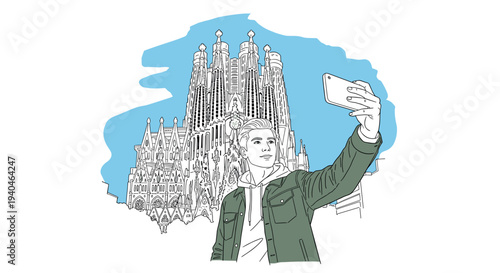 Traveler taking selfie with iconic landmark in urban sketch style