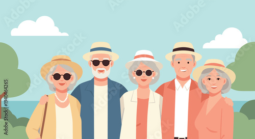 Elderly friends enjoying outdoors in casual summer outfits with hats