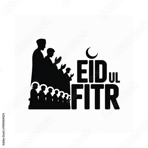Silhouette of a muslim family celebrating eid ul fitr with crescent moon