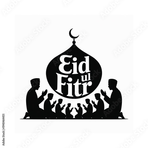 Eid al fitr celebration with a crescent moon and praying silhouettes