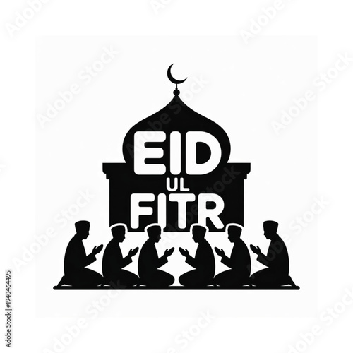 Eid ul fitr greeting with a mosque and praying silhouettes