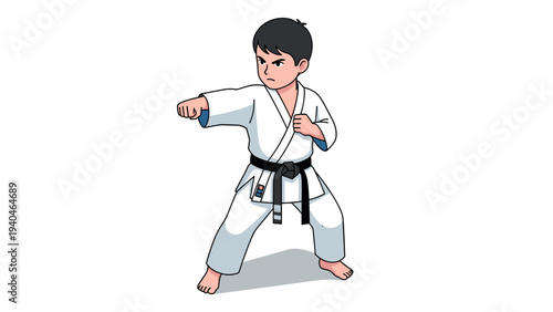 Karate boy in white gi practicing martial arts with focused expression