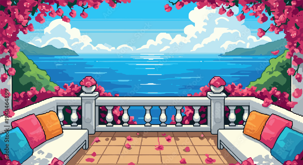 Obraz premium Serene ocean view terrace with bougainvillea in pixel art style