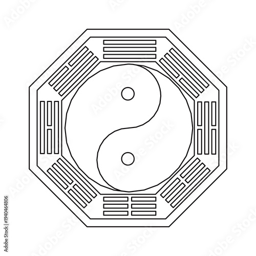 Traditional Bagua eight trigrams diagram with Five Elements symbols, ornate Chinese Feng Shui vector illustration. Five Elements symbols (metal, wood, water, fire, earth) 
