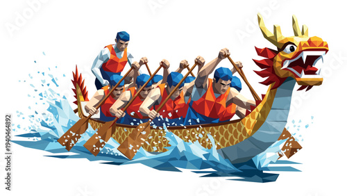 Low poly dragon boat racing team in action on water