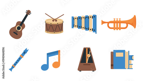 Colorful flat style musical instrument set with guitar, drums, trumpet, and more