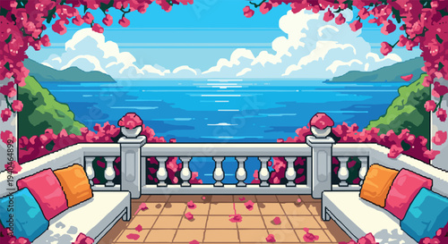 Serene ocean view terrace with bougainvillea in pixel art style