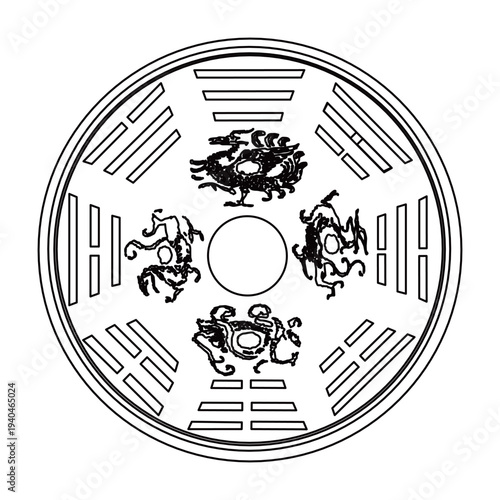 Traditional Bagua eight trigrams diagram with Five Elements symbols, ornate Chinese Feng Shui vector illustration. Five Elements symbols (metal, wood, water, fire, earth) 