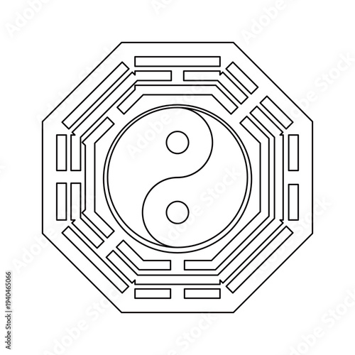 Traditional Bagua eight trigrams diagram with Five Elements symbols, ornate Chinese Feng Shui vector illustration. Five Elements symbols (metal, wood, water, fire, earth) 