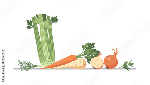 Flat design vegetables: celery, carrot, onion and more on white background