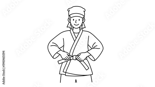 Martial arts enthusiast smiling with belt in black and white drawing