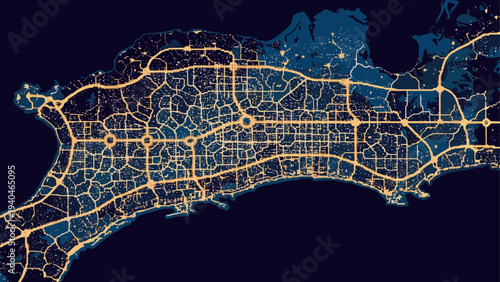 Vibrant night city map with illuminated streets and modern layout