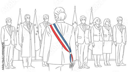 Outlined political ceremony with delegates and national symbols