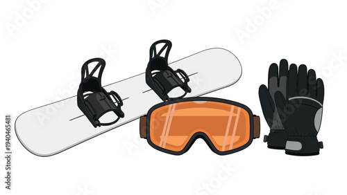 Winter sports equipment with snowboard, goggles, and gloves