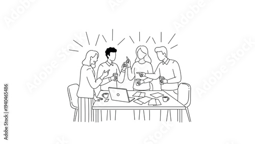 Team collaboration in modern office setting with laptops and coffee