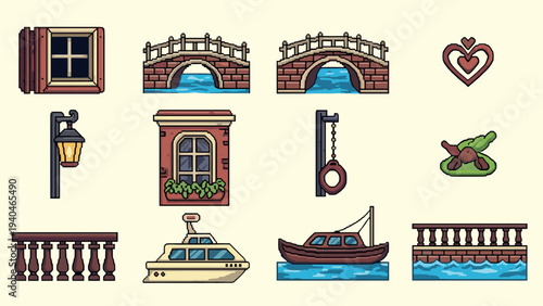 Charming nautical and architectural pixel art collection featuring bridges and boats