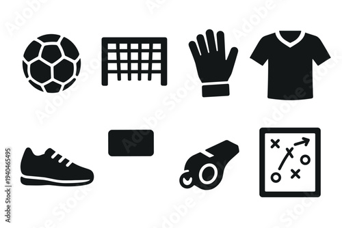 Essential soccer icons: equipment, apparel, strategy, and referee symbols in silhouette style