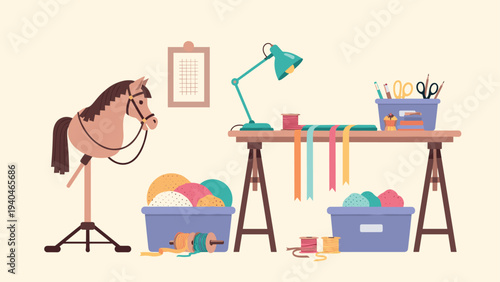 Cozy craft room with sewing supplies and hobby horse in a flat design