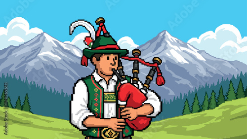 Traditional bavarian musician playing bagpipes in pixel art style