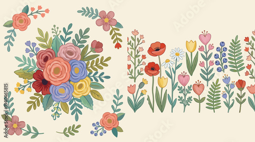 A vintage floral bouquet on the left with a colorful meadow of wildflowers on the right forming a decorative botanical pattern.
