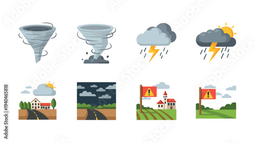 Weather alert icons: tornado, thunderstorm, flood warning, countryside