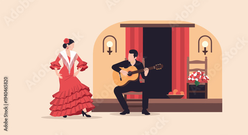 Traditional spanish dance and guitar performance in rustic setting