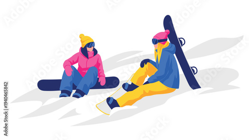 Colorful winter sport adventure with snowboarders in trendy outdoor gear